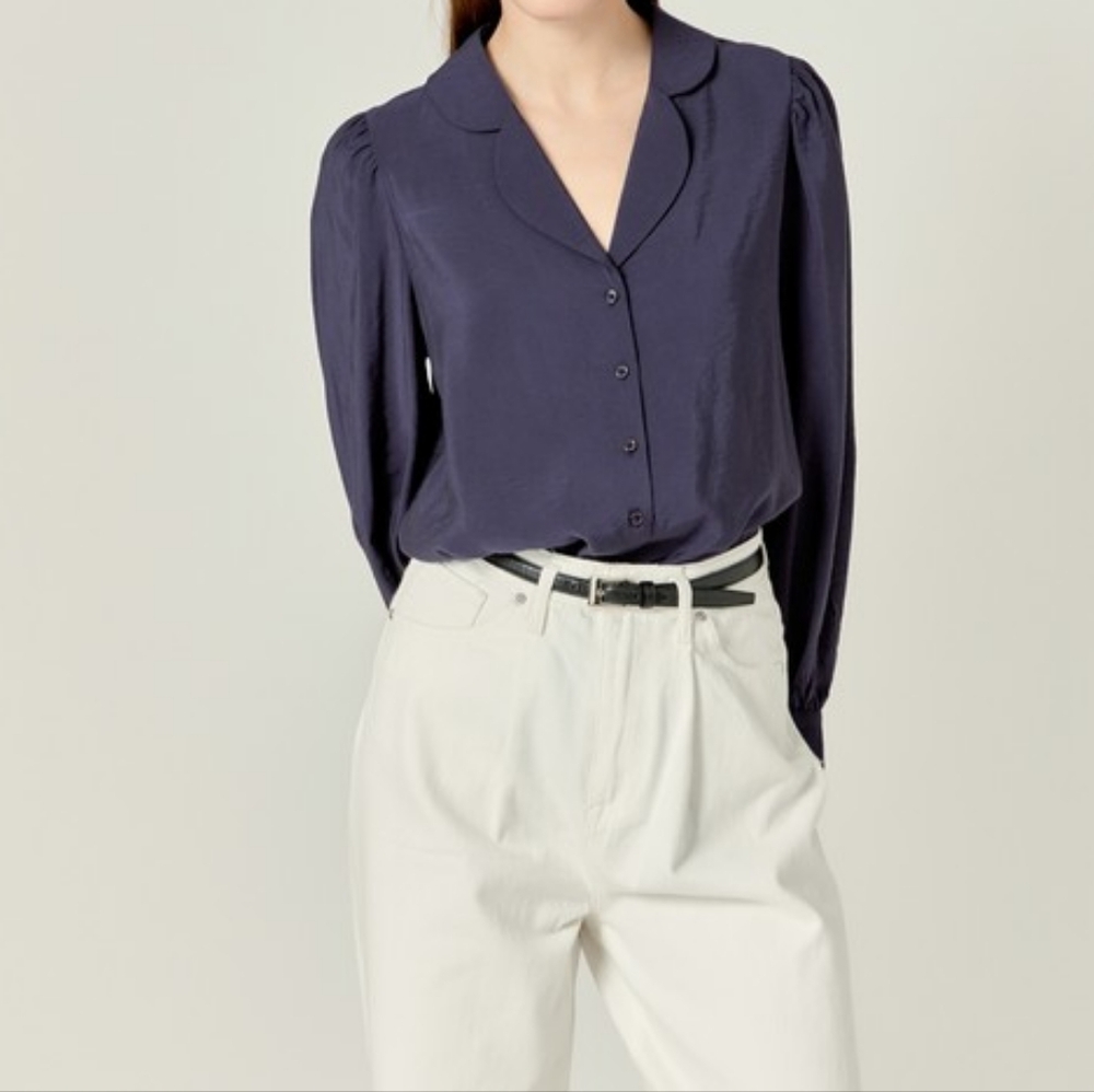 NWT - English Factory Scallop Collared Navy Dress Shirt - Size S